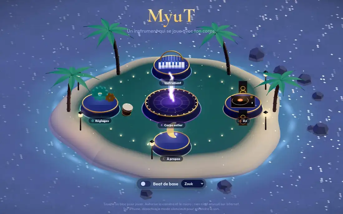 Le menu : une petite île de Martinique en 3D, la nuit
